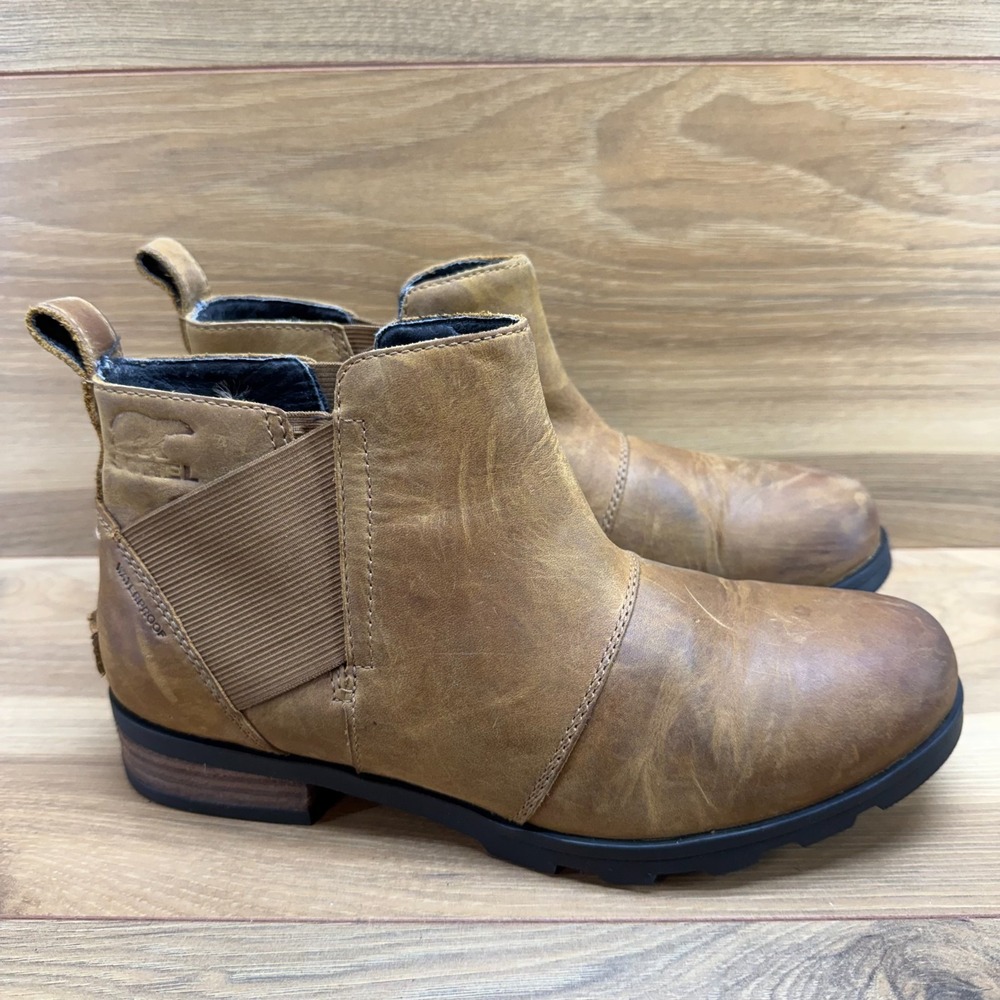 Sorel Emelie Chelsea Boots Womens 8 Brown Waterproof Leather Ankle Booties